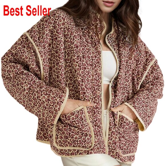 Cropped Quilted Jacket Floral Print Padded Puffer Open Front Cardigan Coat